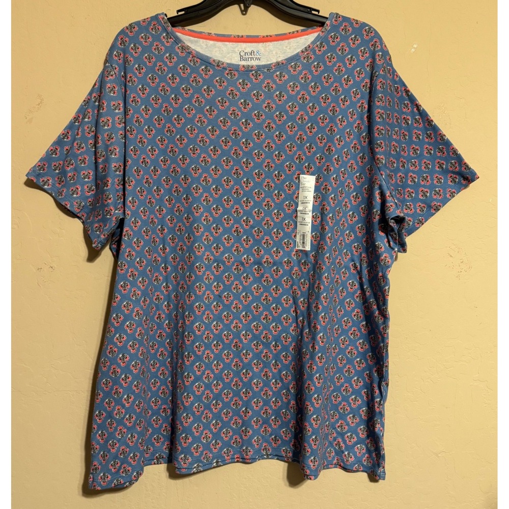 Croft & Barrow Classic Tee Women‎ 1X Blue Floral Short Sleeve Shirt Casual NEW